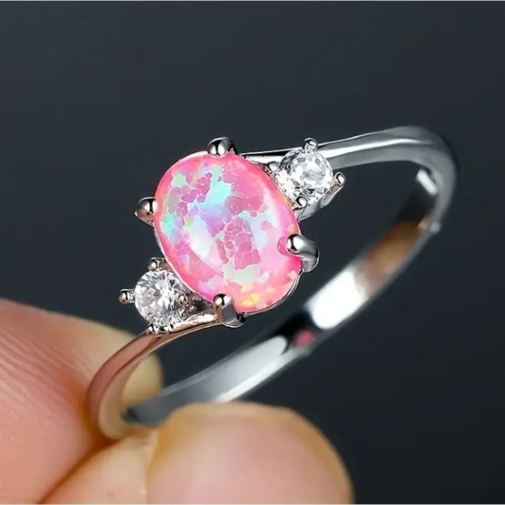 Ladies Elegant Sunset Opal Pink Ring sz 6
